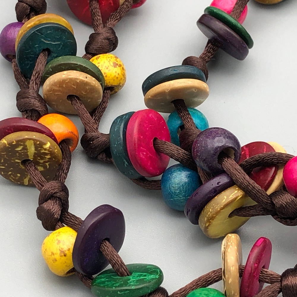 Vintage Multicolor Butterfly Tassel Necklace 30" Coconut Bead Boho Layering Cord - Picture 5 of 10